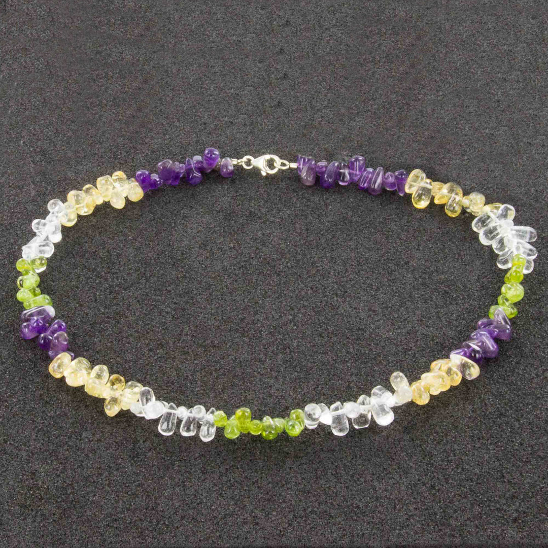 Mehrfarbige Edelstein-Tropfen-Kette aus Amethyst, Bergkristall, Citrin und Peridot