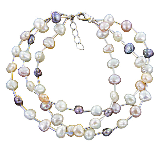 Dreireihiges Perlenarmband, 925er Silber rhodiniert