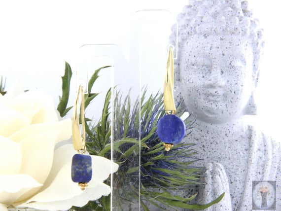 Lapis Lazuli-Scheiben-Ohrhänger, Schwanenhals, 925er Silber vergoldet